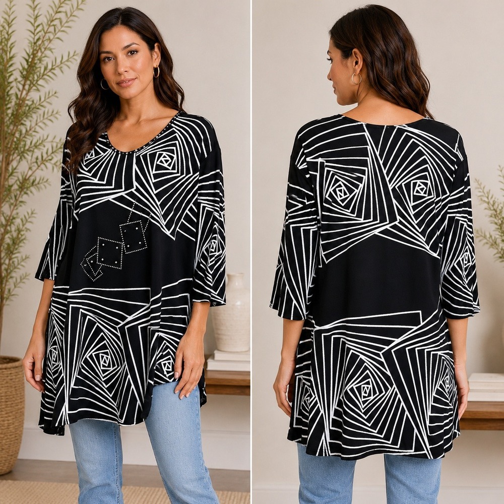 Valentina Tunic Top Women Large Black White Geometric Studded Op Art‎ Mod